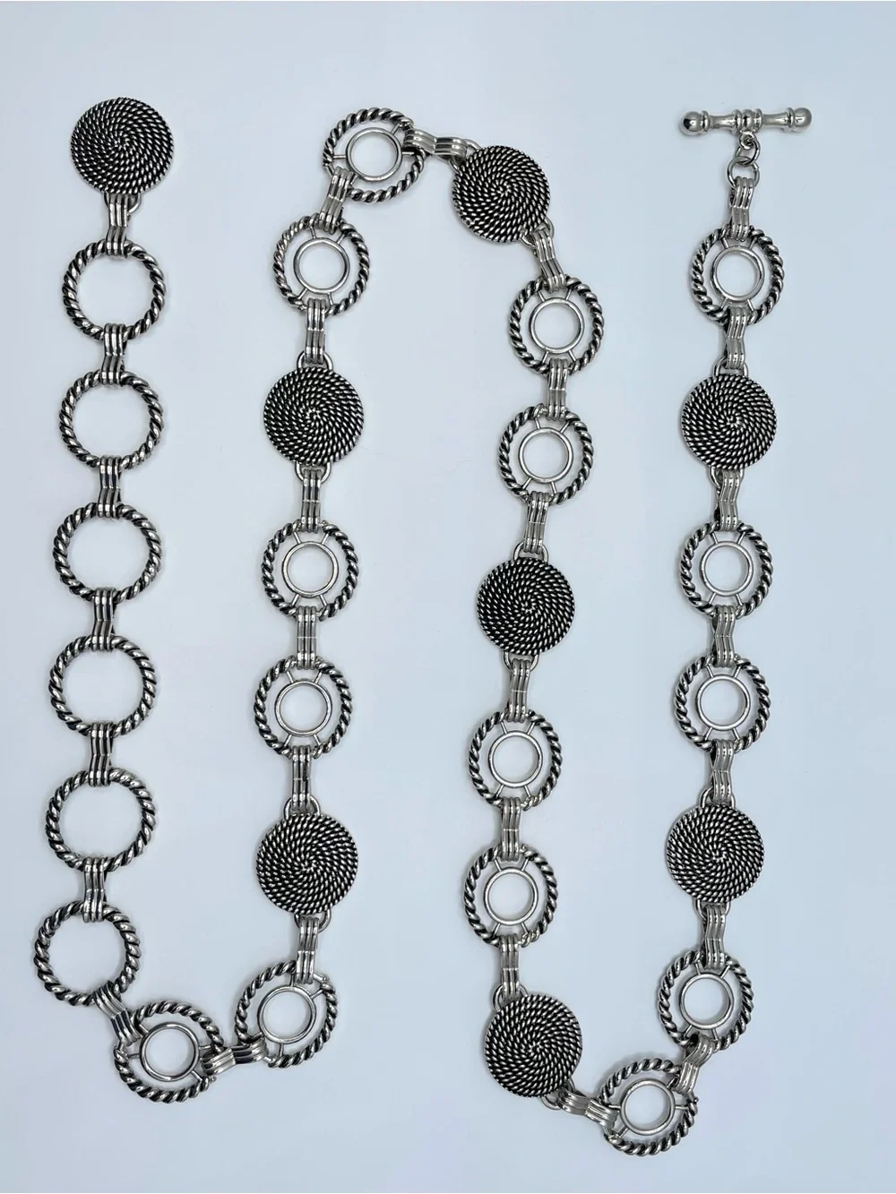 Silver Tone Metal Chain Link Belt 44” Boho Statement Cable Disc Toggle